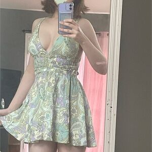 Green and purple paisley y2k print mini dress